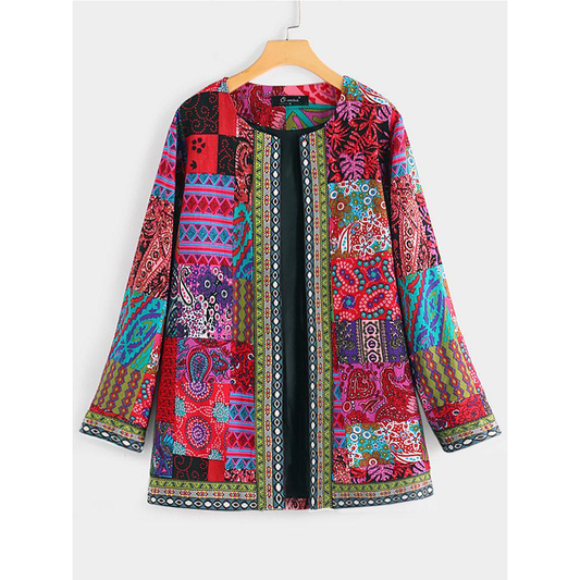 Vintage Cotton Linen Print Plus Size Women Cardigan Coat-women coats-Red-L-Free Shipping at meselling99