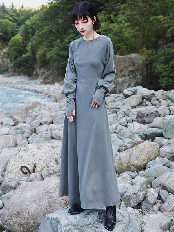 Meselling99 Vintage Solid Long Sleeve Dress-Maxi Dress-GRAY-FREE SIZE-Free Shipping at meselling99
