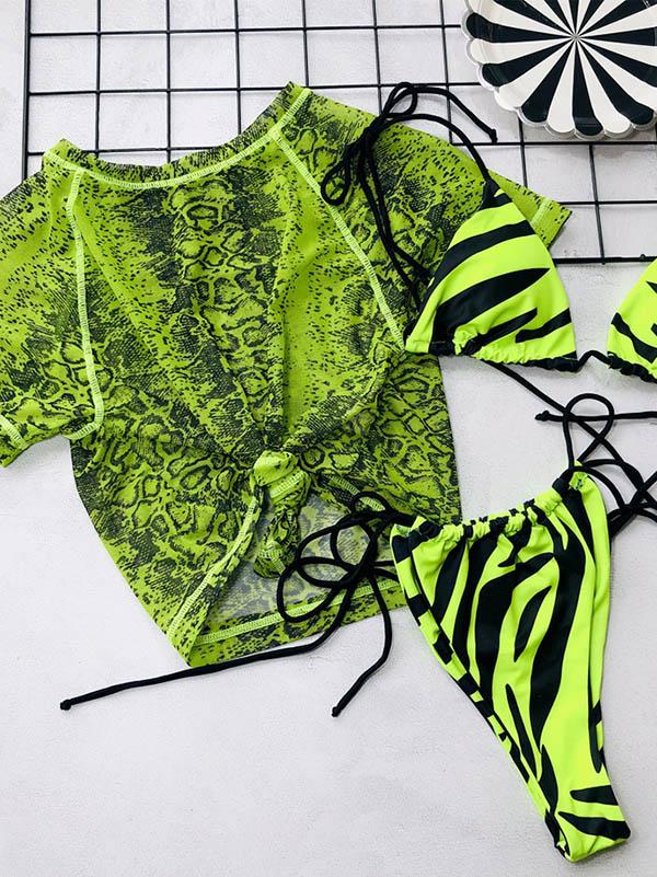 Meselling99 Snakeskin Print Lace-Up Tankini Swimsuit-Tankinis Swimwear-GREEN-S-Free Shipping at meselling99