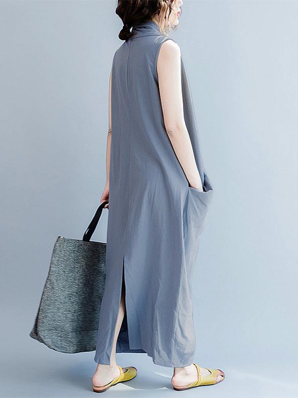 Meselling99 Loose Gray-blue Cropped Pockets Long Dress-Maxi Dress-GRAY BLUE-FREE SIZE-Free Shipping at meselling99