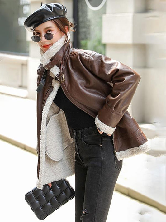 Lambswool Thicker Leather Jacket Coat-Outwears-COFFEE-S-Free Shipping at meselling99