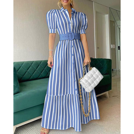 Elegant Short Sleeves Long Dresses with Belt-Maxi Dresses-Striped-S-Free Shipping at meselling99