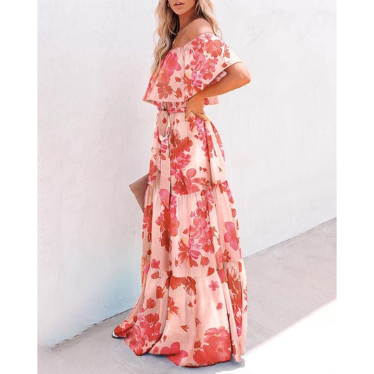 Meselling99 Women Off The Shoudler Gradient Colour Pint Long Maxi Dresses-Maxi Dreses-Red Flower-S-Free Shipping at meselling99