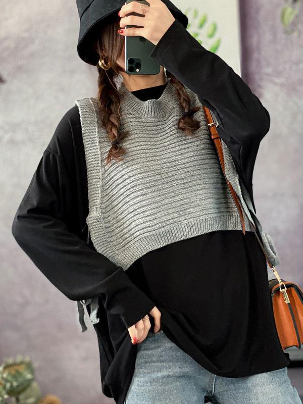 Two Pieces Long Sleeve T-Shirt+Knit Vest Set-T-shirts-GRAY-FREE SIZE-Free Shipping at meselling99