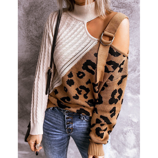 New Leopard High Neck Women Fall Sweaters-Women Sweaters-Free Shipping at meselling99