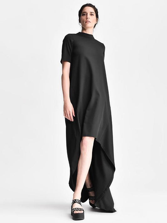 Meselling99 Black High-Low Split-Joint Short Sleeves Long Dress-Maxi Dress-BLACK-S-Free Shipping at meselling99