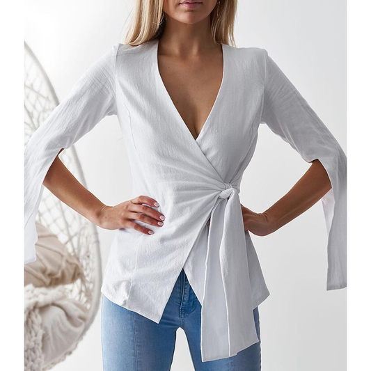Women V Neck Long Sleeves Designed Shirts-White-S-Free Shipping at meselling99