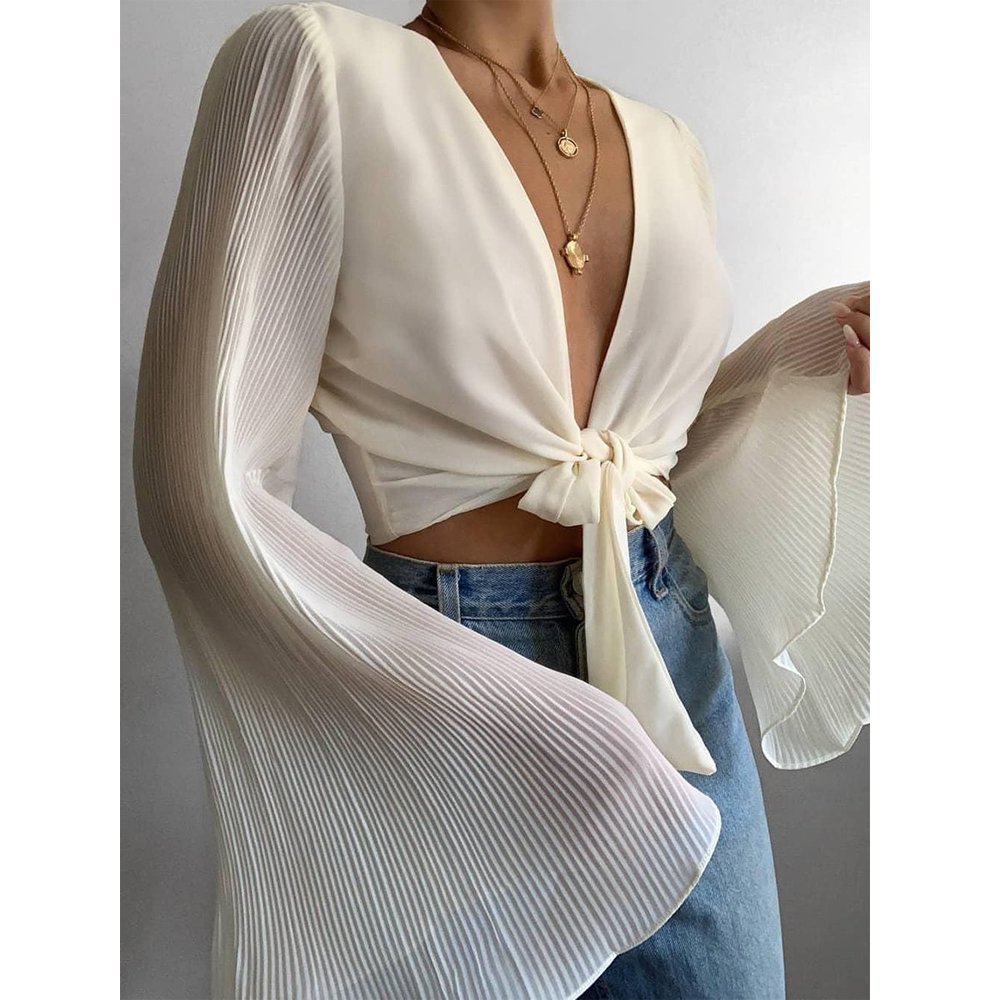 Long Sleeves Bare Midriff Summer Blouses-Blouses-White-S-Free Shipping at meselling99