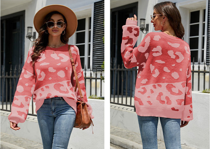 Fashion Round Neck Leopard Knitted Pullover Sweaters-Shirts & Tops-Free Shipping at meselling99