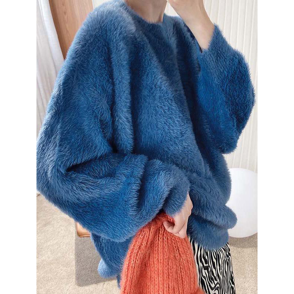 5 Colors Stylish Light Maturity Loose Round-Neck Sweater-Sweaters-BLUE-FREE SIZE-Free Shipping at meselling99