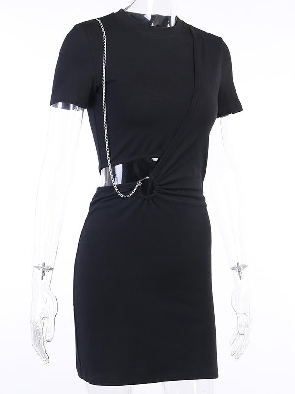 Meselling99 Niche Design Chain Open Waist Stitching Cutout Interlace Mini Dress-Mini Dresses-Free Shipping at meselling99
