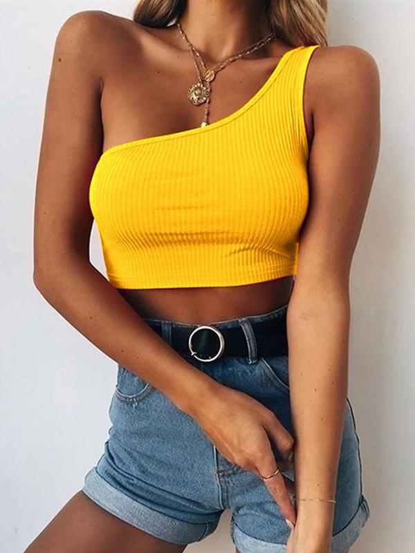 Meselling99 Oblique Shoulder Hollowing Out Mdriff Baring Sleeveless Tanks-Tees & Tanks-YELLOW-S-Free Shipping at meselling99