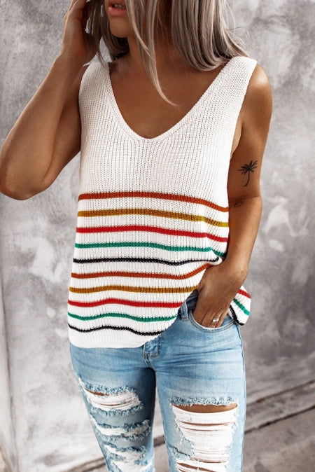 Meselling99 Multicolor Stripes White Knit Tank Top--Free Shipping at meselling99