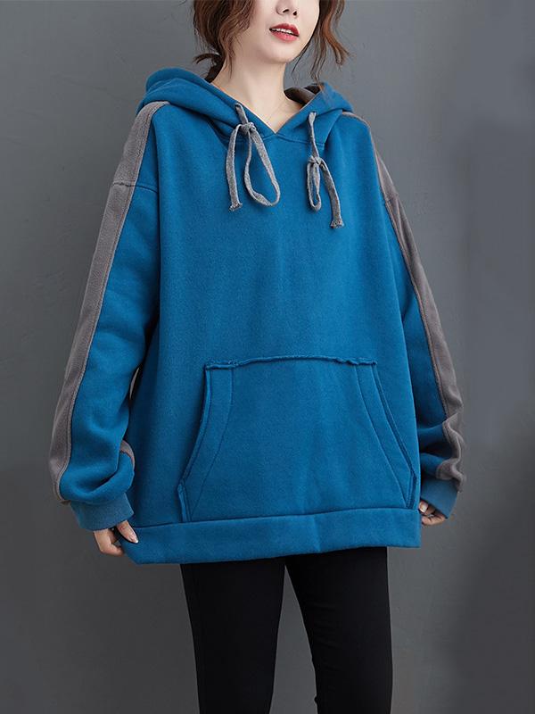 Velvet Warm Long Sleeve Drawstring Hoodies-Sweatshirts-GRAY+BLUE-L-Free Shipping at meselling99