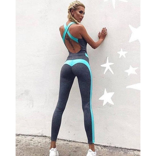 Two Tone Cross Strappy Racerback Gym Jumpsuits-Yoga&Gym Jumpsuits-Free Shipping at meselling99