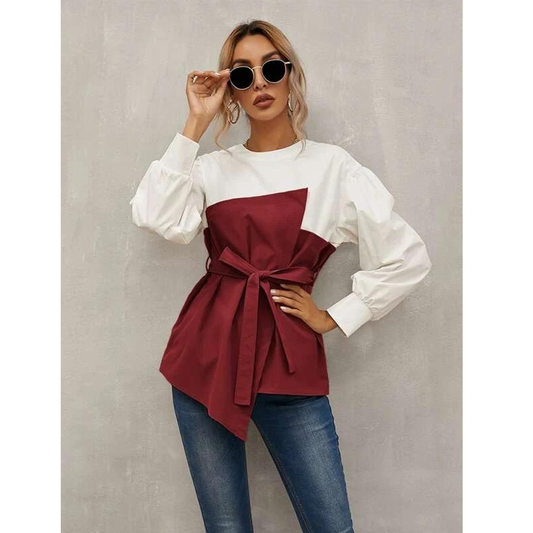 Long Puff Sleeves Belt Loose Shirts-Blouses-Red-S-Free Shipping at meselling99