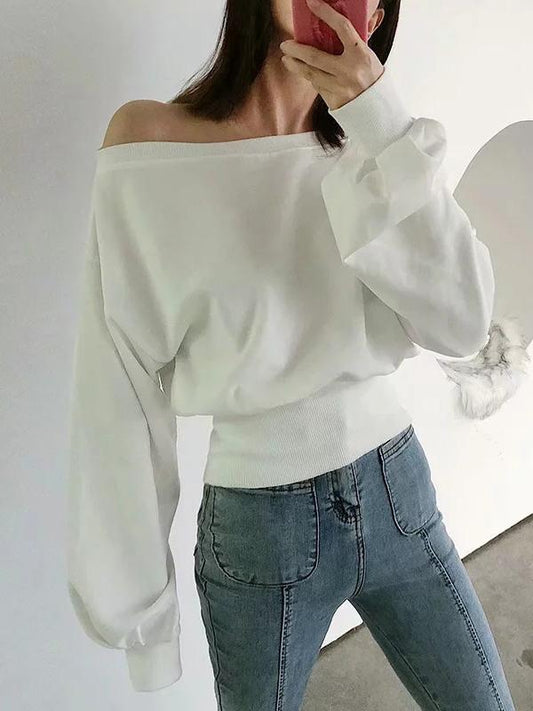 Meselling99 Solid Color Off-The-Shoulder Zipper Sweat Shirts-Hoodies & Jackets-WHITE-S-Free Shipping at meselling99