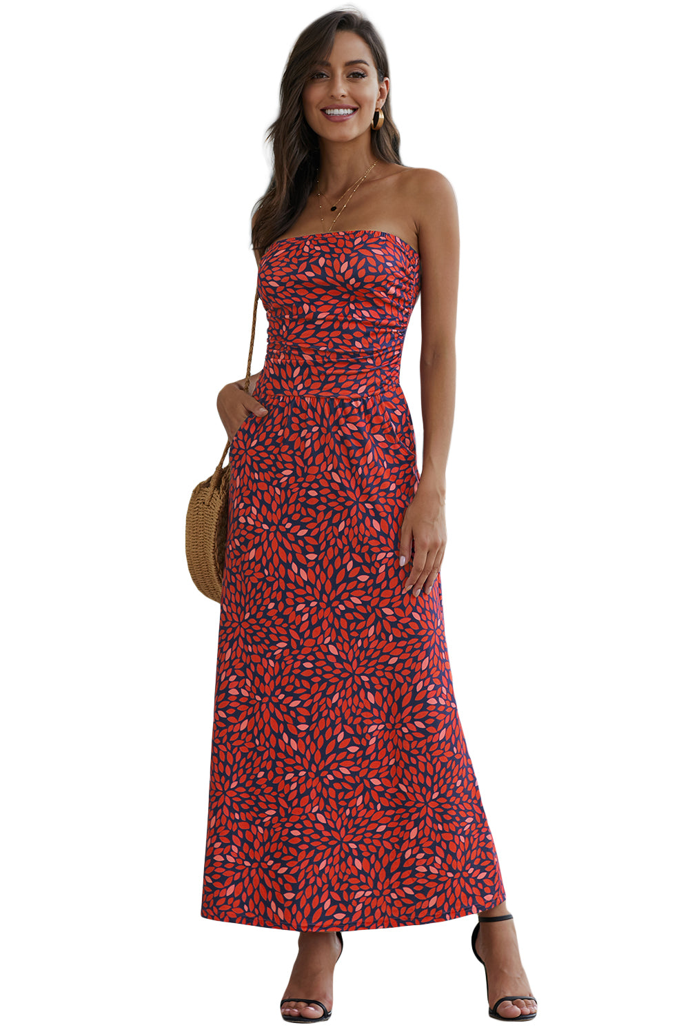 Red Bohemian Bandeau Floral Print Maxi Dress-Maxi Dresses-Free Shipping at meselling99