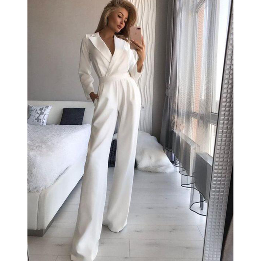 Women Long Sleeves Slim Fall Jumsuits-White-S-Free Shipping at meselling99