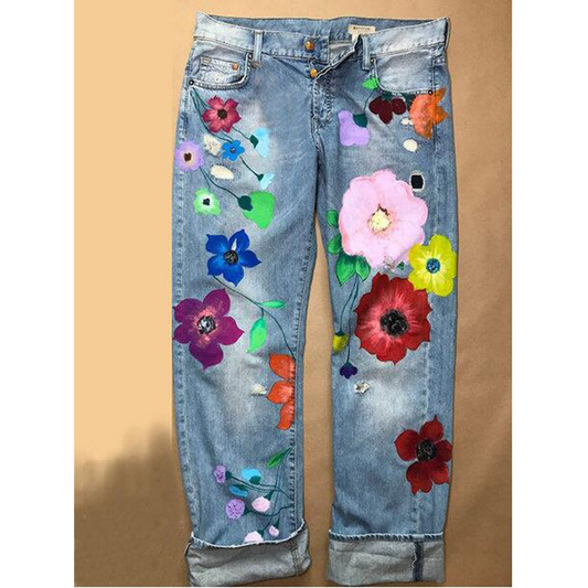 Broken holes red flower long jeans--Free Shipping at meselling99
