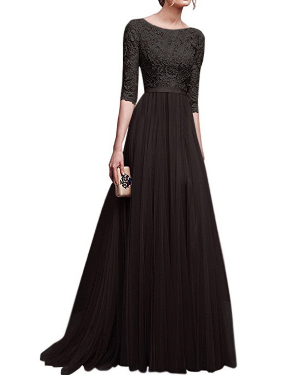 Chiffon Half Sleeves Lace Evening Dresses-Maxi Dresses-Black-S-Free Shipping at meselling99