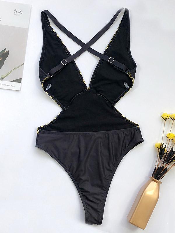 Mesellin99 V-Neck Hollow Backless Printing One-Piece Swimwear-One-Piece Swimwear-Free Shipping at meselling99
