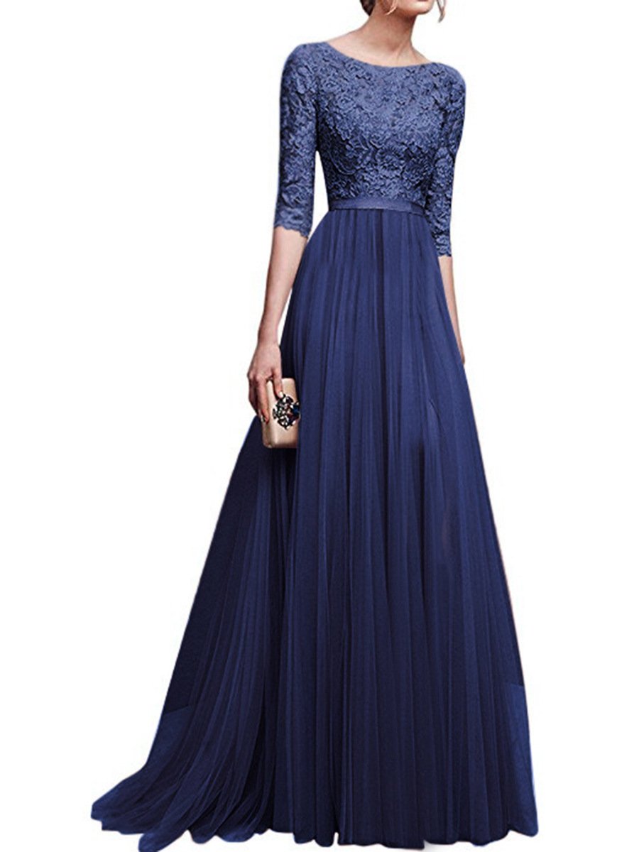 Chiffon Half Sleeves Lace Evening Dresses-Maxi Dresses-Blue-S-Free Shipping at meselling99