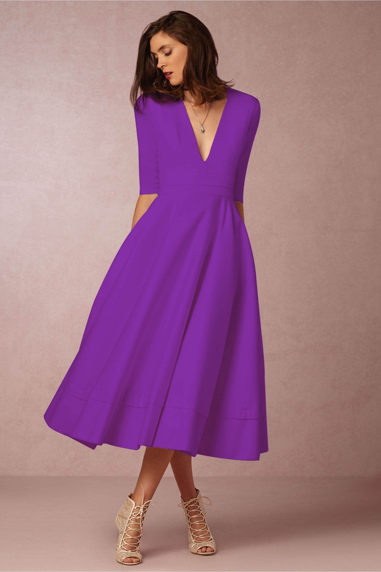Sexy V Neck Half Sleeves Midi Length Dresses-Vintage Dresses-Purple-S-Free Shipping at meselling99