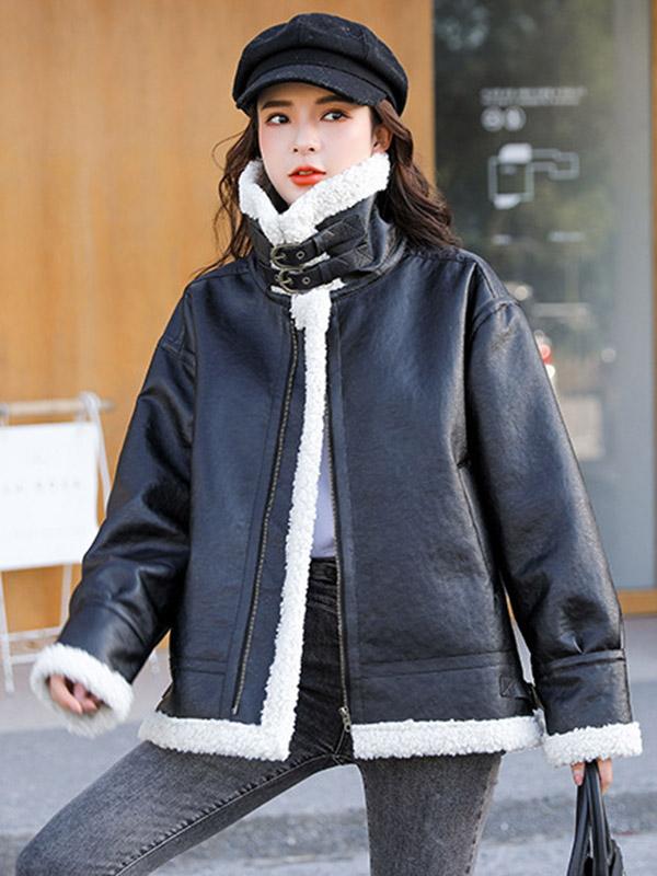Lambswool Thicker Leather Jacket Coat-Outwears-BLACK-S-Free Shipping at meselling99