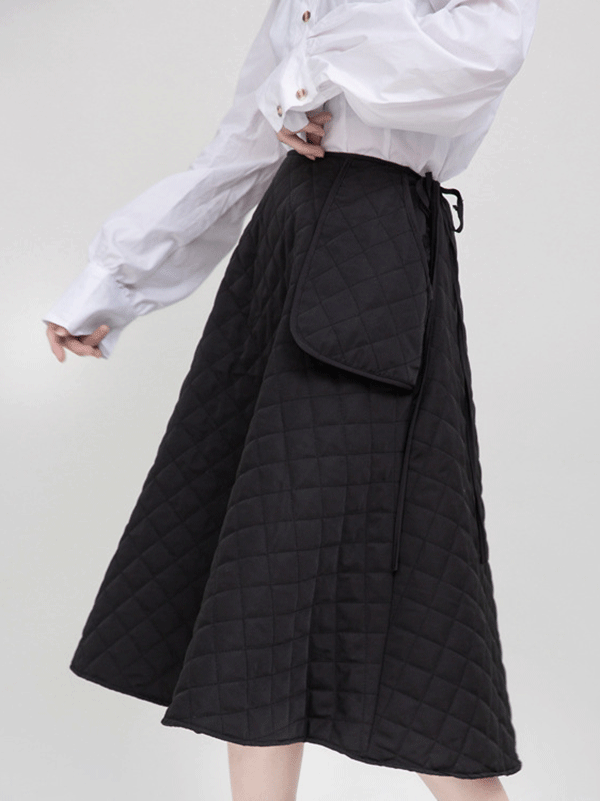 Black Vintage Rhombic Bandage Split-Joint Large Pocket A-Line Skirt