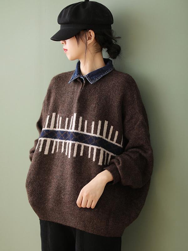 Stylish Split-Joint Lapel Knitting Sweater-Sweaters-Free Shipping at meselling99