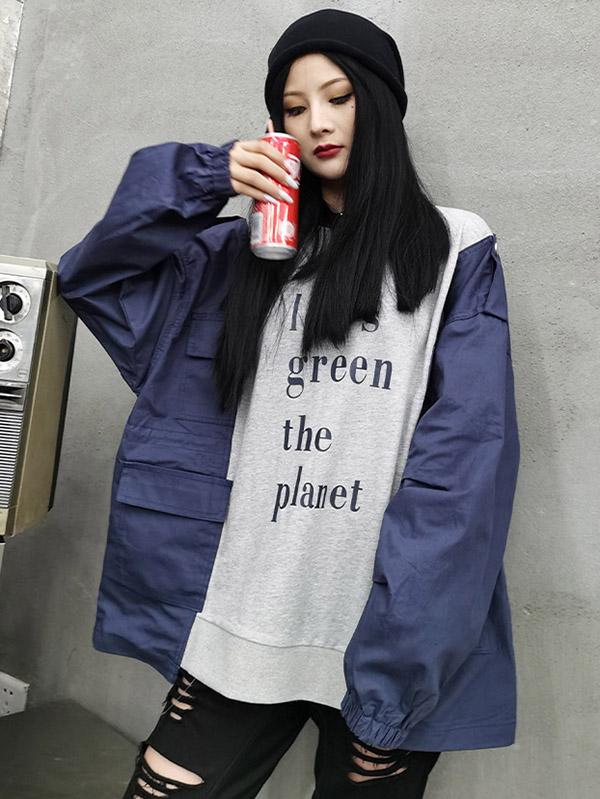 Meselling99 Stylish Split-Joint Contrast Color Letter Print Sweatshirt-Sweatshirts-DEEP BLUE-FREE SIZE-Free Shipping at meselling99