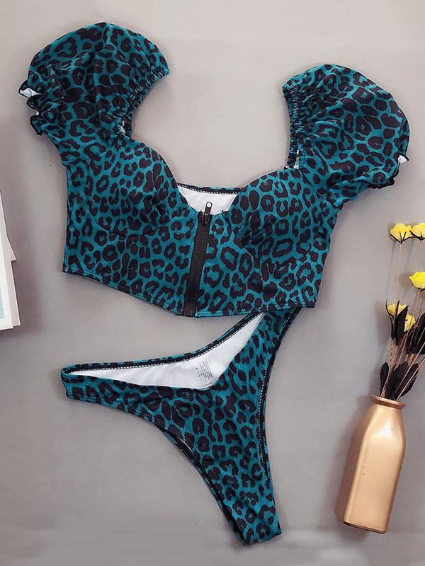 Meselling99 Leopard Print Zipper Short Sleeves Split Bikini Swimsuit-Tankinis Swimwear-SAME AS PICTURE-M-Free Shipping at meselling99