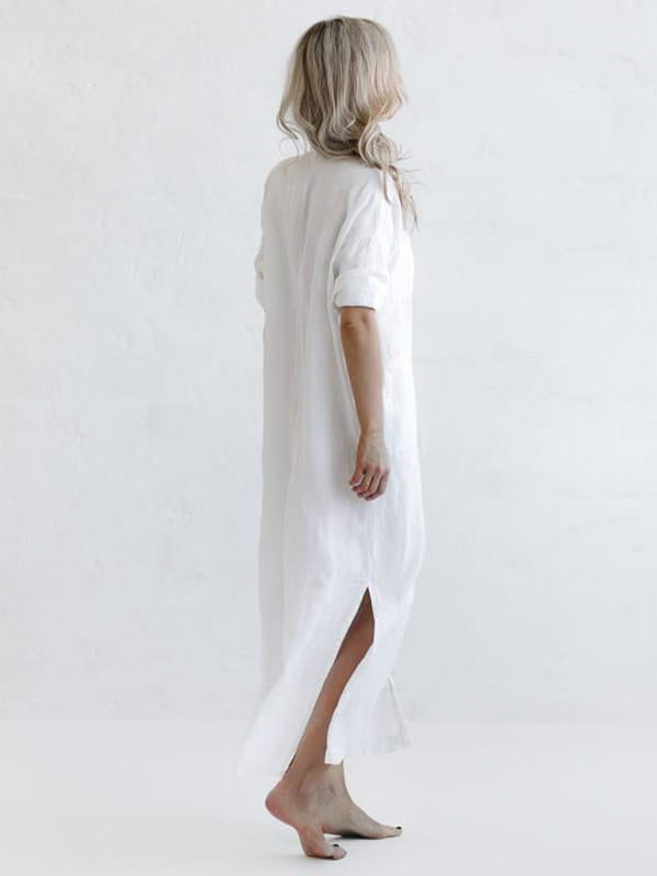 Meselling99 Simple Solid Split-Side Lapel Long Shirt Dress-Maxi Dress-Free Shipping at meselling99