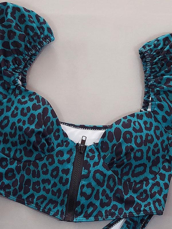 Meselling99 Leopard Print Zipper Short Sleeves Split Bikini Swimsuit-Tankinis Swimwear-Free Shipping at meselling99