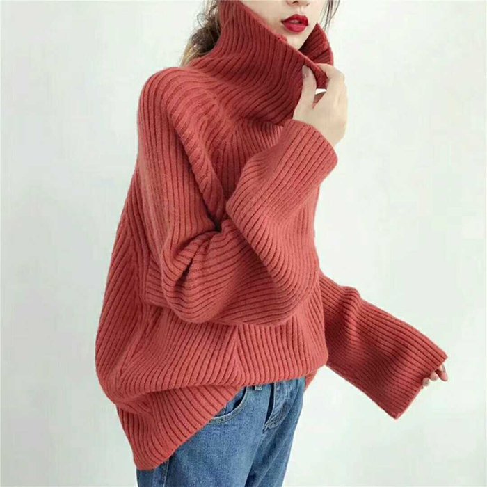 Women High Neck Loose Fall Sweaters-Sweaters-Orange-One Size-Free Shipping at meselling99