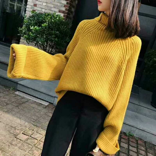 Women High Neck Loose Fall Sweaters-Sweaters-Yellow-One Size-Free Shipping at meselling99