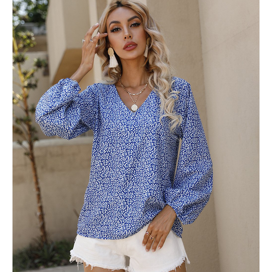 Women Small Floral V Neck Summer Top Blouses-Blue-S-Free Shipping at meselling99