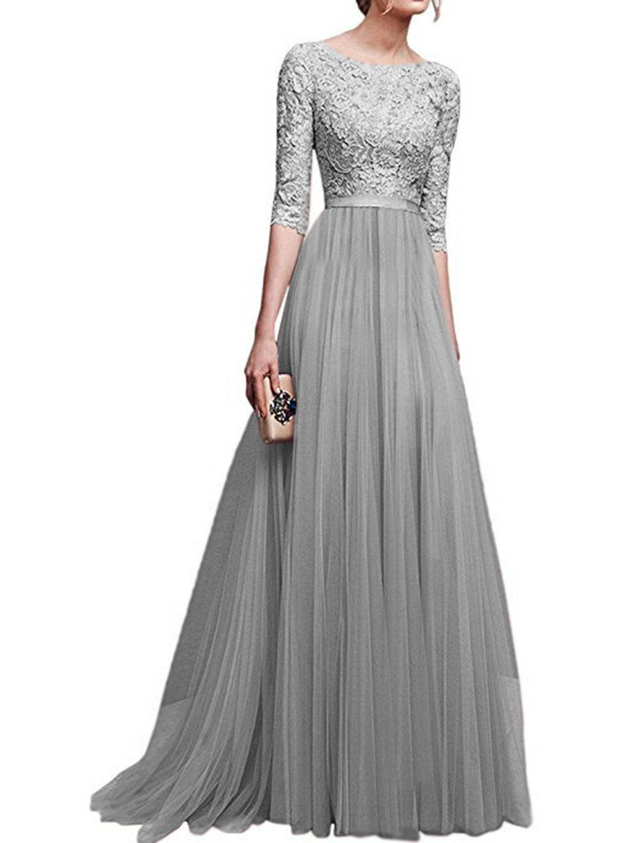 Chiffon Half Sleeves Lace Evening Dresses-Maxi Dresses-Gray-S-Free Shipping at meselling99