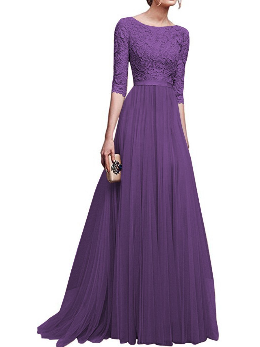 Chiffon Half Sleeves Lace Evening Dresses-Maxi Dresses-Purple-S-Free Shipping at meselling99