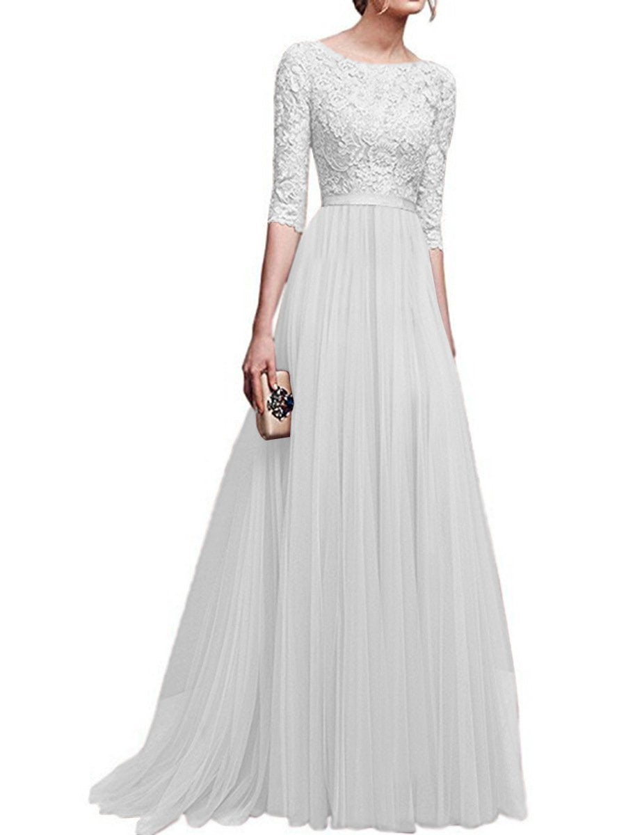Chiffon Half Sleeves Lace Evening Dresses-Maxi Dresses-White-S-Free Shipping at meselling99