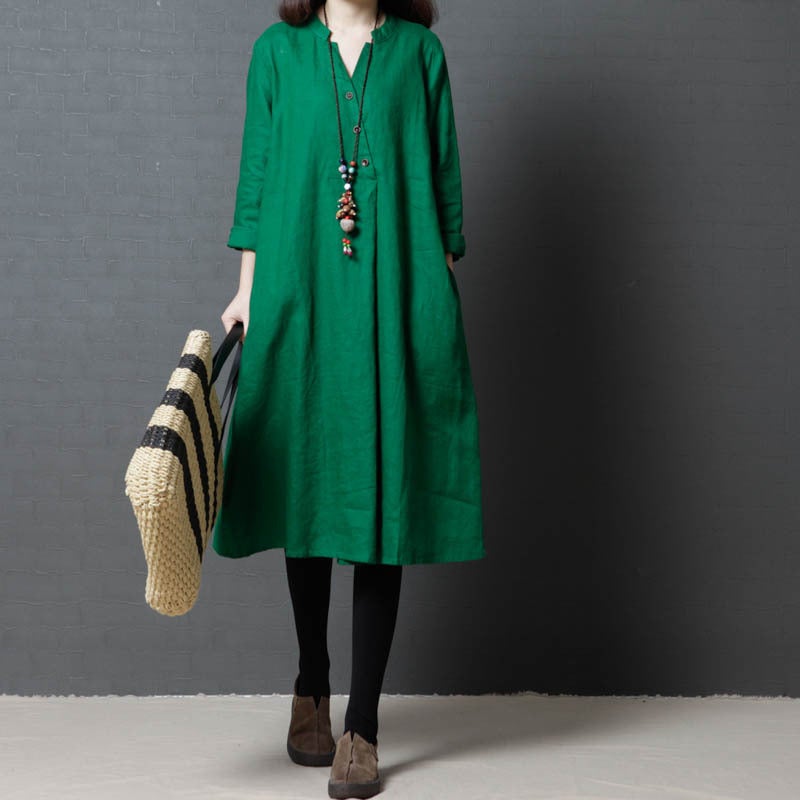 Vintage Linen Women V Neck Long Shirt Dresses-Dresses-Green-L-Free Shipping at meselling99