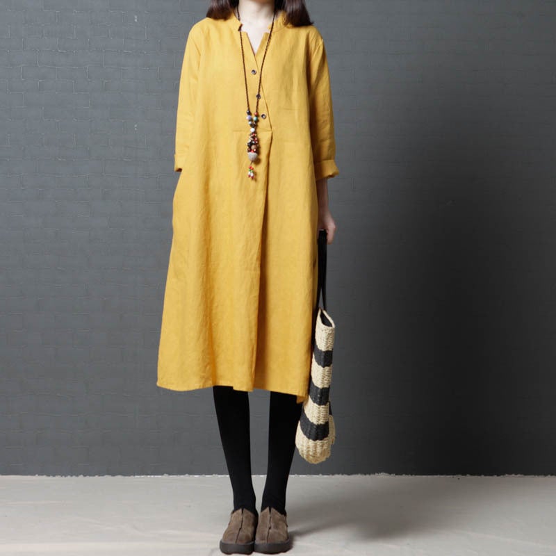 Vintage Linen Women V Neck Long Shirt Dresses-Dresses-Yellow-L-Free Shipping at meselling99