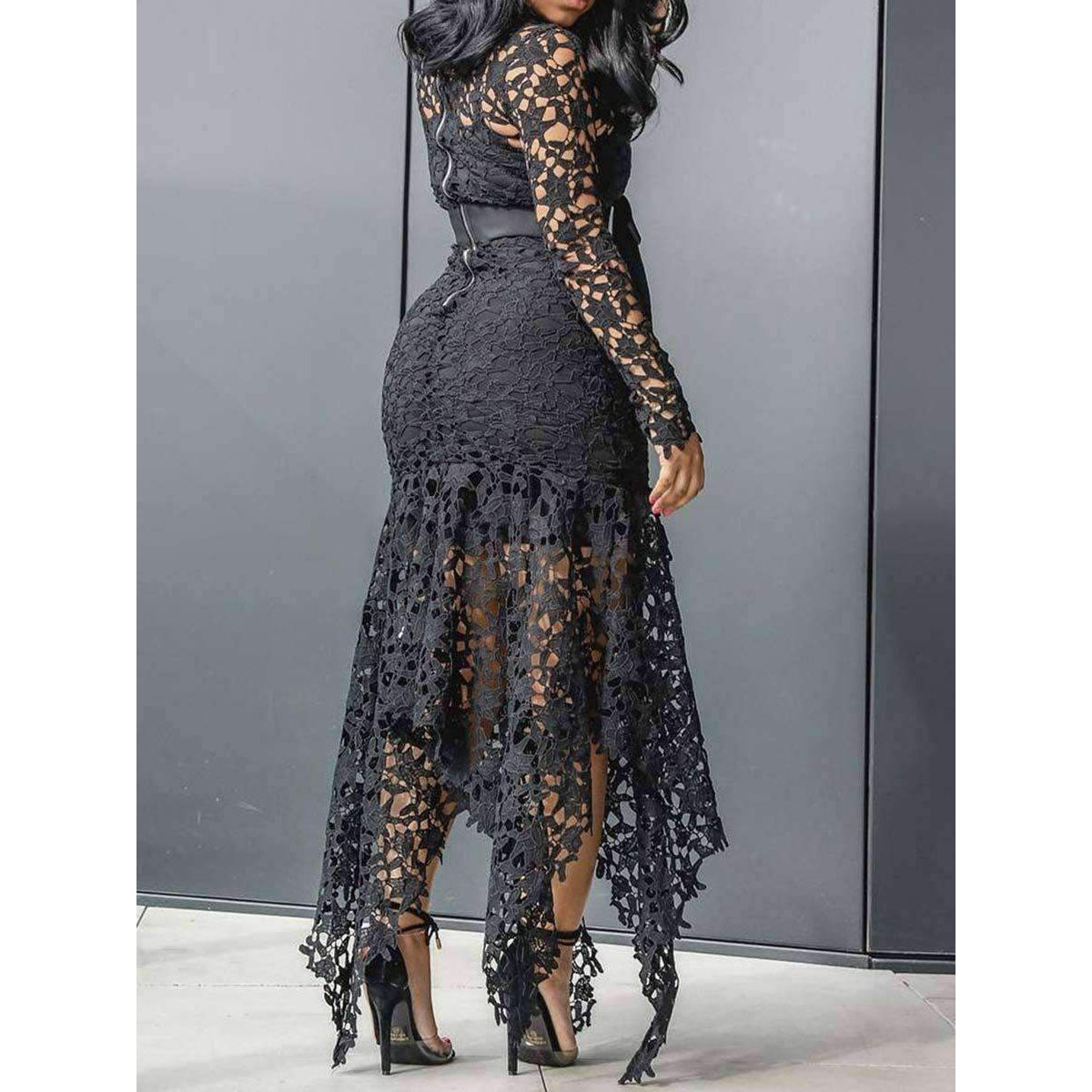 Sexy Hollow Lace Lace-Up Bowknot Asymmetric Long Sleeve Stand Collar Maxi Dresses-Maxi Dresses-Free Shipping at meselling99