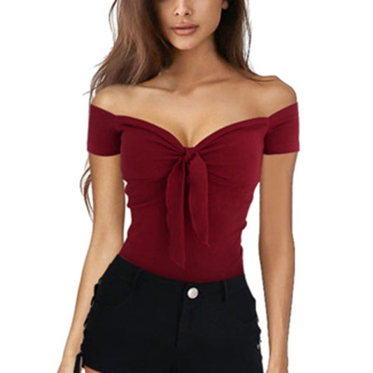 Sexy V Neck Sheath Short Sleeves T Shirts-Shirts & Tops-Wine Red-S-Free Shipping at meselling99