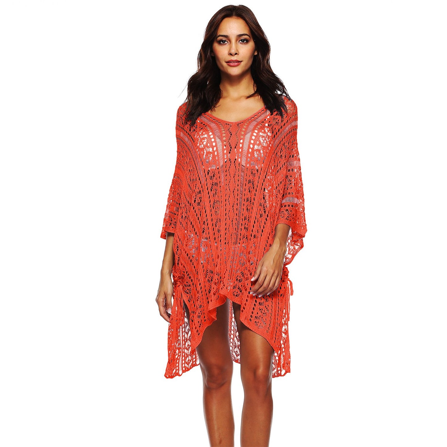 Summer Women Hollow Out Batwing Sleeves Beach Cover Ups Dress-Orange-One Size-Free Shipping at meselling99
