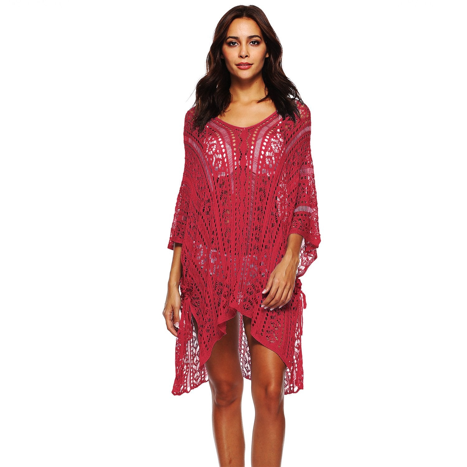 Summer Women Hollow Out Batwing Sleeves Beach Cover Ups Dress-Dark Red-One Size-Free Shipping at meselling99