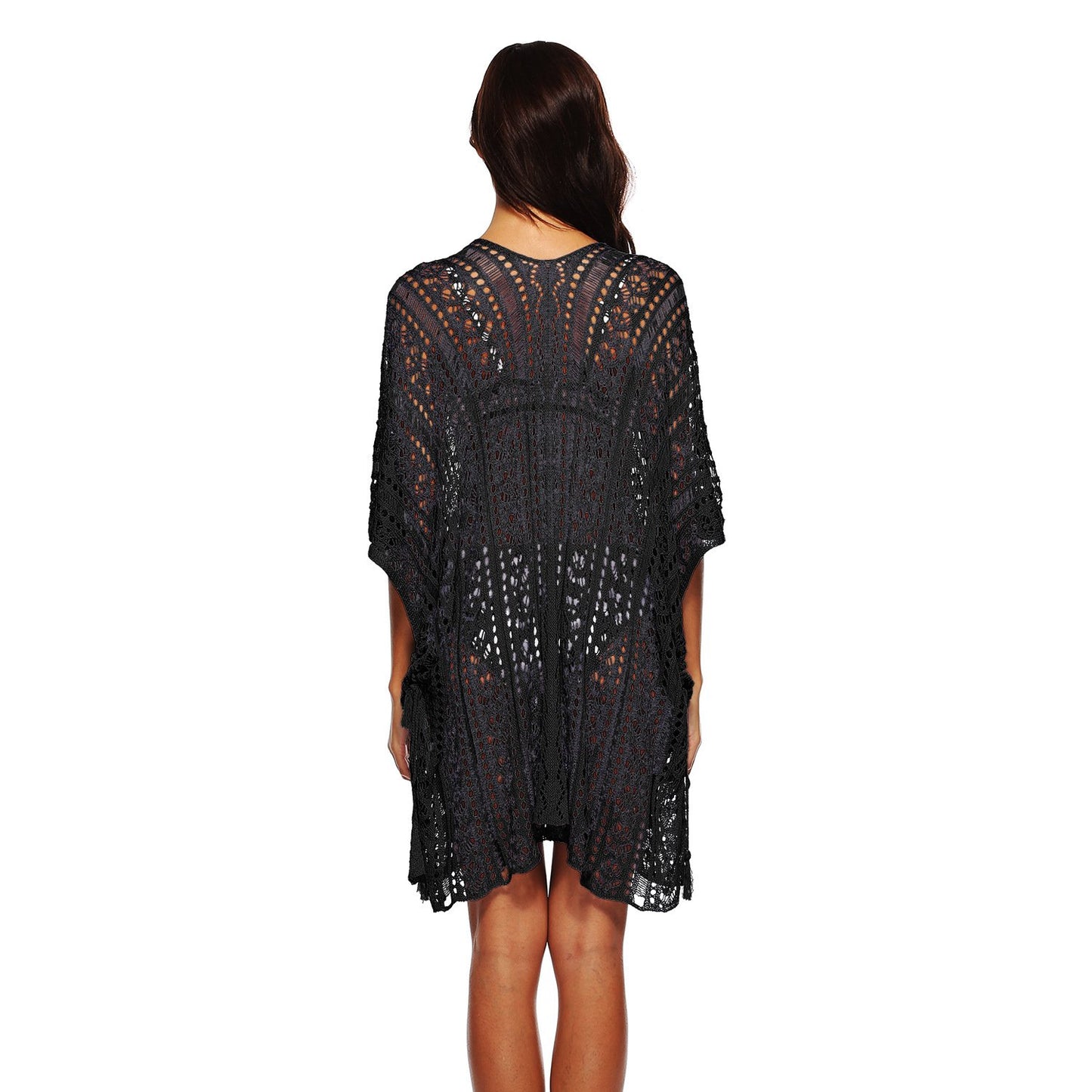 Summer Women Hollow Out Batwing Sleeves Beach Cover Ups Dress-Black-One Size-Free Shipping at meselling99