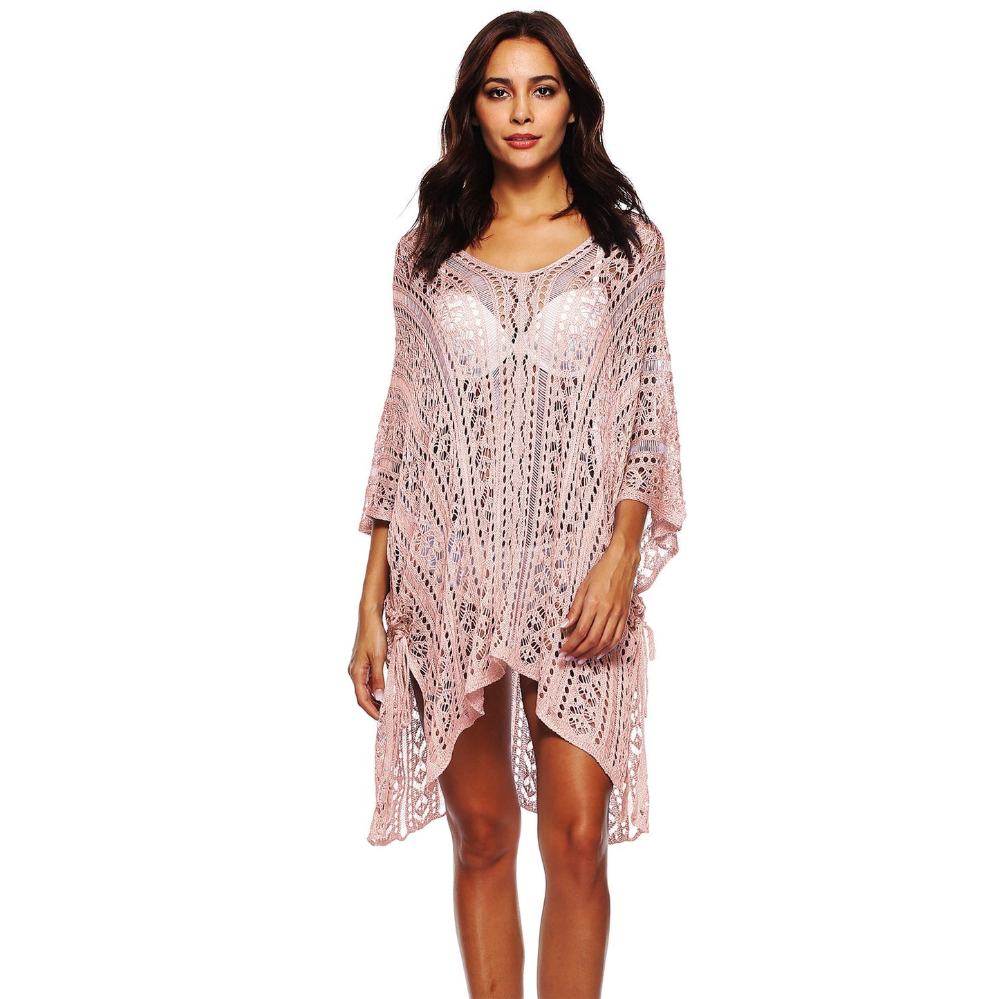 Summer Women Hollow Out Batwing Sleeves Beach Cover Ups Dress-Pink-One Size-Free Shipping at meselling99