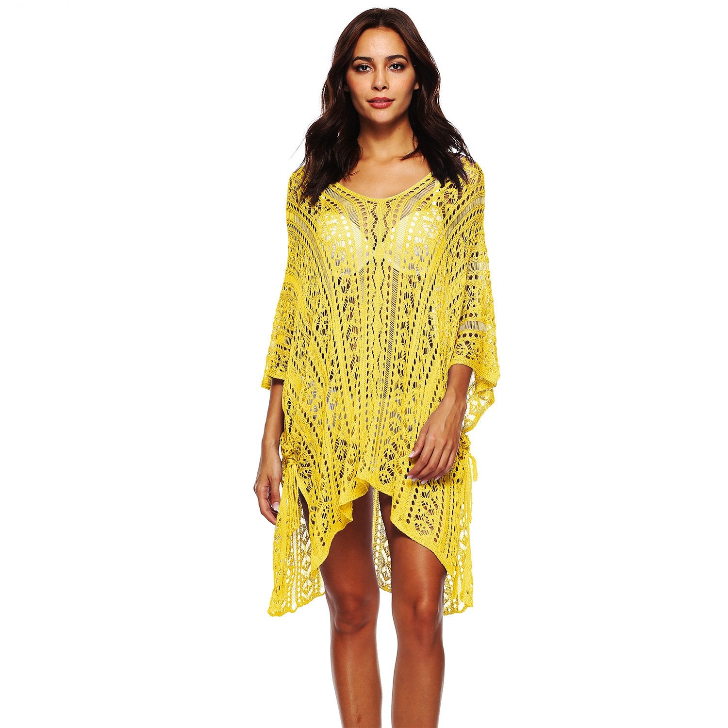 Summer Women Hollow Out Batwing Sleeves Beach Cover Ups Dress-Yellow-One Size-Free Shipping at meselling99